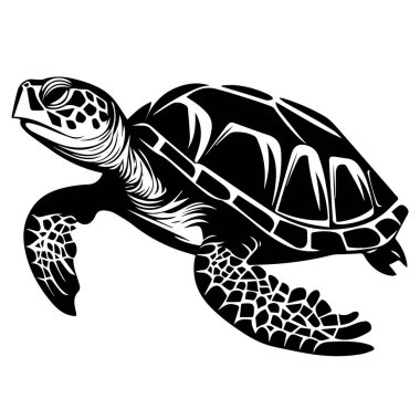 This black and white illustration features a stylized sea turtle swimming gracefully. Ideal for artistic projects, eco-friendly themes, and wildlife conservation.