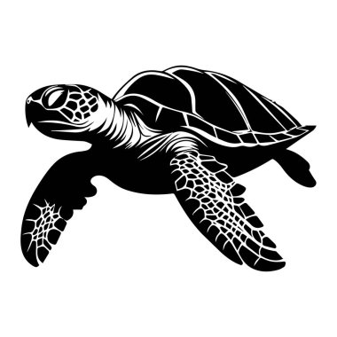 A striking black and white silhouette of a turtle swimming in an ocean, showcasing elegant lines and detailed shell patterns for artistic projects.