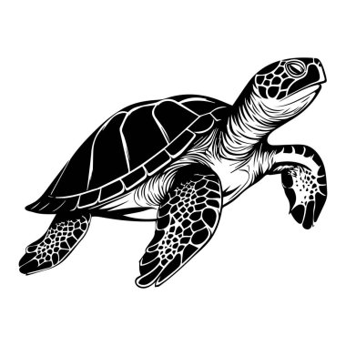 This black and white illustration features a sea turtle swimming gracefully, showcasing its intricate patterns and form. Ideal for nature-themed designs.