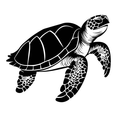This striking black and white illustration showcases an elegant sea turtle swimming gracefully, symbolizing the beauty of marine wildlife and ocean life.