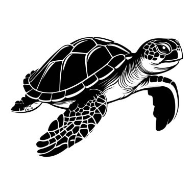 A striking black and white illustration of a sea turtle swimming in the ocean, showcasing the grace and beauty of marine life. Perfect for art lovers.