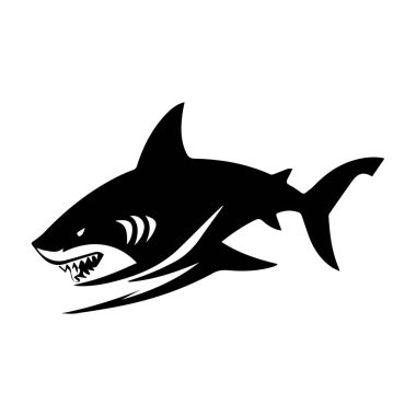 This graphic illustration features a fierce shark silhouette, showcasing its sharp teeth and dynamic shape, embodying strength and agility in the ocean.
