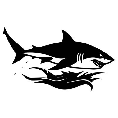 A striking black silhouette of a shark swimming through ocean waves. Ideal for designs related to marine life, adventure, or wildlife conservation themes.