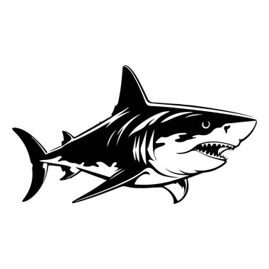 This black and white illustration of a shark showcases the fierce beauty of marine life, perfect for projects related to ocean or wildlife themes.