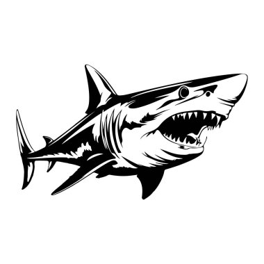 This striking black and white illustration showcases a fierce shark with bared teeth, perfect for marine-themed projects and creative designs.