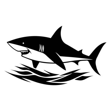This black and white illustration depicts a shark swimming above waves, capturing the essence of ocean life in a minimalist style for various designs.
