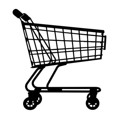A minimalist black silhouette of a shopping cart with wheels, perfect for representing retail, e-commerce, or purchasing concepts in graphics.