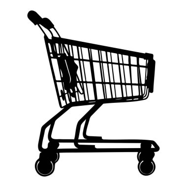 A sleek black silhouette of a shopping cart on a white background, perfect for representing retail themes, online shopping, and consumer goods.