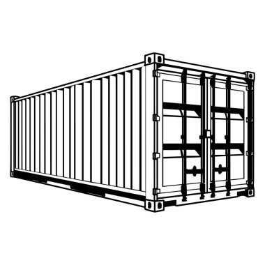 This black and white line art illustration depicts a shipping container with detailed features, ideal for showcasing logistics, transport, and storage themes.