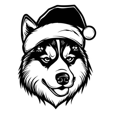 A charming illustration of a husky dog wearing a Santa hat, capturing the essence of holiday cheer and winter celebrations in a stylish design.