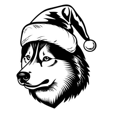A festive husky dog in a Santa hat, perfect for holiday-themed designs. This monochrome illustration captures the cheerful essence of winter celebrations.