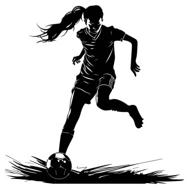 A striking silhouette of a young girl actively kicking a soccer ball on a grass field, embodying the spirit of sport, energy, and passion.