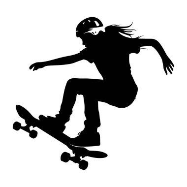 This dynamic silhouette of a young female skateboarder captures the thrill and artistry of skateboarding, highlighting agility and freedom.