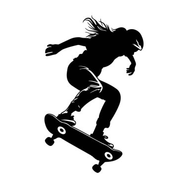 A striking silhouette of a female skateboarder in action, showcasing a thrilling trick. This image captures the essence of skate culture and athletic energy.