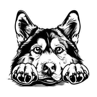 This striking black and white illustration features a dog with a soulful expression and resting paws, perfect for art lovers and pet enthusiasts.