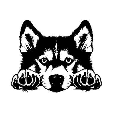 This black and white illustration showcases a curious dog resting its head on its paws, capturing a playful and attentive expression in a stylized design.