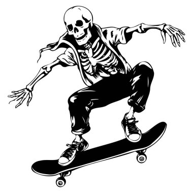 A stylized black and white illustration of a skeleton skateboarding, capturing the essence of fun and adventure in an urban environment.