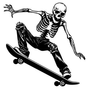 Eye-catching illustration of a skeleton skater executing an impressive skateboarding trick in a dynamic pose, perfect for creative projects.