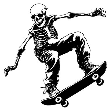 A captivating illustration of a skeleton skateboarding with an energetic pose, perfect for themes of fun, adventure, and youth culture.