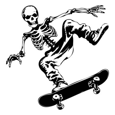 A striking black and white illustration of a skeleton skateboarder executing a dynamic trick on a skateboard, capturing the essence of urban youth culture.