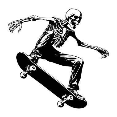 Capture the spirit of thrill and creativity with this dynamic skeleton skating on a skateboard. A unique black-and-white illustration perfect for various artistic projects.