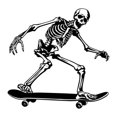 This dynamic illustration features a skeleton skating on a skateboard, showcasing a fun and edgy character in motion, perfect for creative projects.