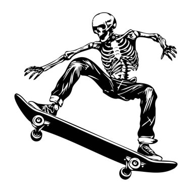 This striking illustration features a skeleton performing a skateboard trick, embodying the thrill and artistry of urban skating culture.