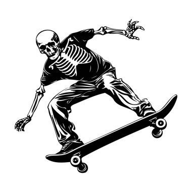This black and white illustration depicts a dynamic skeleton skateboarder performing tricks. Perfect for creative projects, Halloween themes, or youth culture.