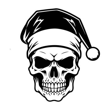 This striking black and white illustration features a skull adorned with a Santa hat, perfect for holiday or Halloween themed projects.