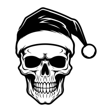 This striking illustration features a skull adorned with a Santa hat, combining holiday cheer with a hint of spookiness, perfect for creative projects.