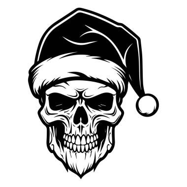 This intriguing image features a skull adorned with a Santa hat, blending holiday spirit with a touch of spookiness. Ideal for festive designs.
