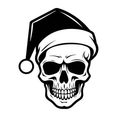 A striking illustration of a skull adorned with a Santa hat, merging festive cheer with a touch of the macabre, ideal for holiday-themed projects.