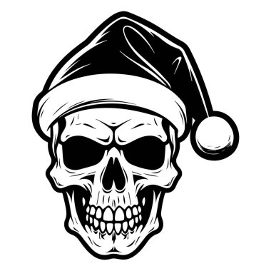 This striking illustration features a skull wearing a Santa hat, blending holiday spirit with a spooky vibe. Perfect for unique designs.