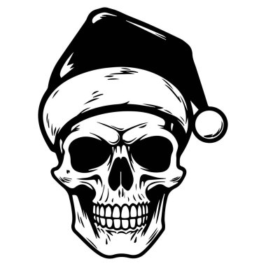 A striking image of a skull adorned with a Santa hat, merging Halloween and Christmas themes, perfect for creative designs and festive artwork.