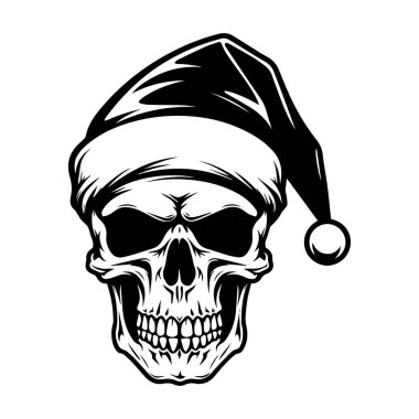 This striking illustration features a skull adorned with a Santa hat, blending festive and macabre elements, perfect for holiday-themed designs.