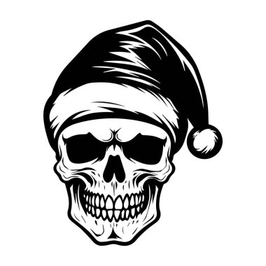 This striking illustration features a skull adorned with a festive Santa hat, blending Halloween and Christmas themes in a unique design ideal for various creative projects.