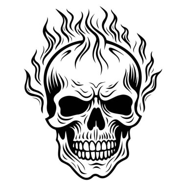 Eye-catching illustration of a fierce skull surrounded by dynamic flames, ideal for creative projects, tattoos, or bold designs.