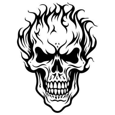 This striking black and white skull design features intricate details and fiery flames, perfect for artwork, tattoos, or edgy illustrations.