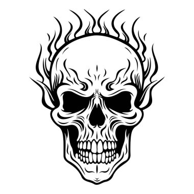 A striking black and white illustration of a skull surrounded by stylized flames, evoking a sense of edginess and creativity. Ideal for tattoo art.