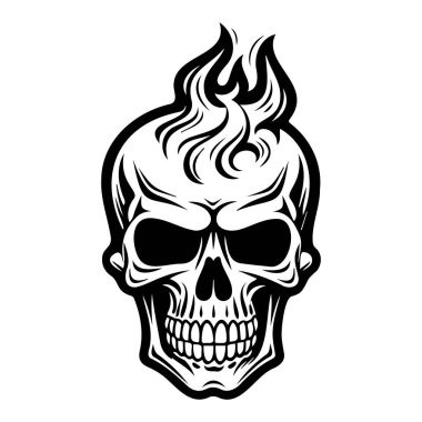 This striking black and white skull design features a bold flame motif, ideal for artistic projects, tattoos, or merchandise with a gothic flair.