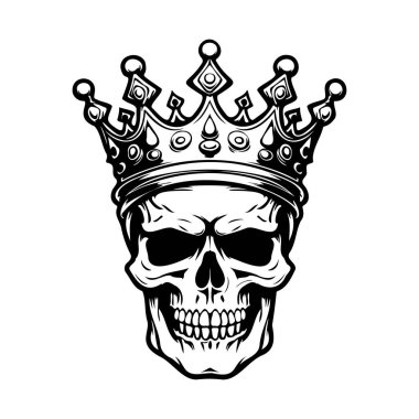 This detailed black and white illustration features a skull adorned with an elaborate crown, blending elements of death and royalty. Perfect for unique design projects.
