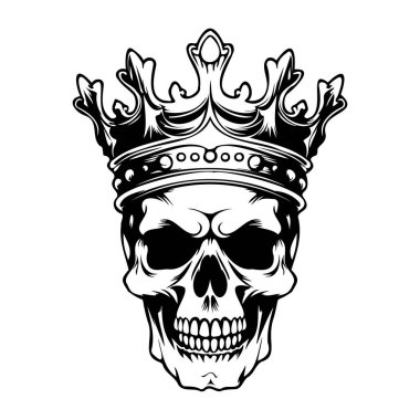 This striking black and white illustration features a skull adorned with an ornate crown, making it ideal for tattoo art, apparel, and graphic design projects.