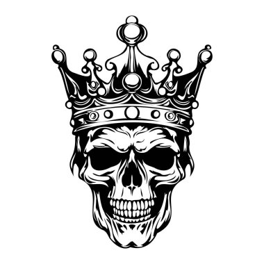 This striking black and white illustration features a skull adorned with a crown, perfect for edgy designs, tattoos, and unique branding concepts.