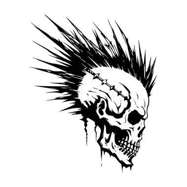 Edgy black and white illustration of a skull with spiky hair, perfect for tattoo design or graphic art projects, capturing a rebellious spirit.