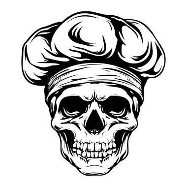 This striking black and white illustration features a skull wearing a chef's hat, blending culinary themes with gothic elements for unique decor.