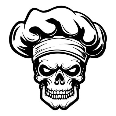 This striking skull graphic features a chef hat and bandana, perfect for culinary themes, kitchen decor, or edgy restaurant branding.