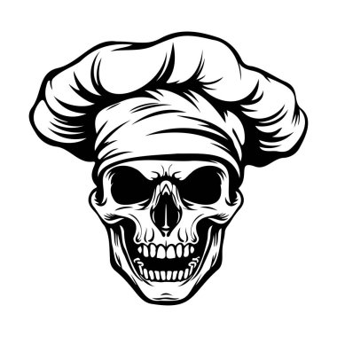 A striking illustration of a skull wearing a chef's hat, perfect for adding a unique touch to kitchens or Halloween celebrations.