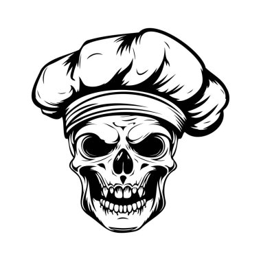 This striking monochrome illustration features a skull wearing a chef's hat, blending culinary art with macabre themes, perfect for Halloween.