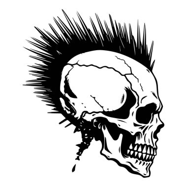 Striking black and white illustration of a skull with iconic spiky hair, ideal for those seeking edgy designs that embody punk culture and creativity.