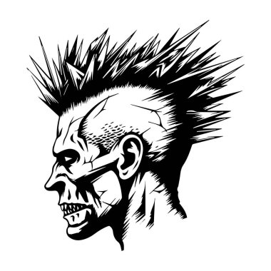 Edgy illustration of a profile view of a skull with spiky hair, perfect for creative projects, tattoo designs, or punk-themed artwork.